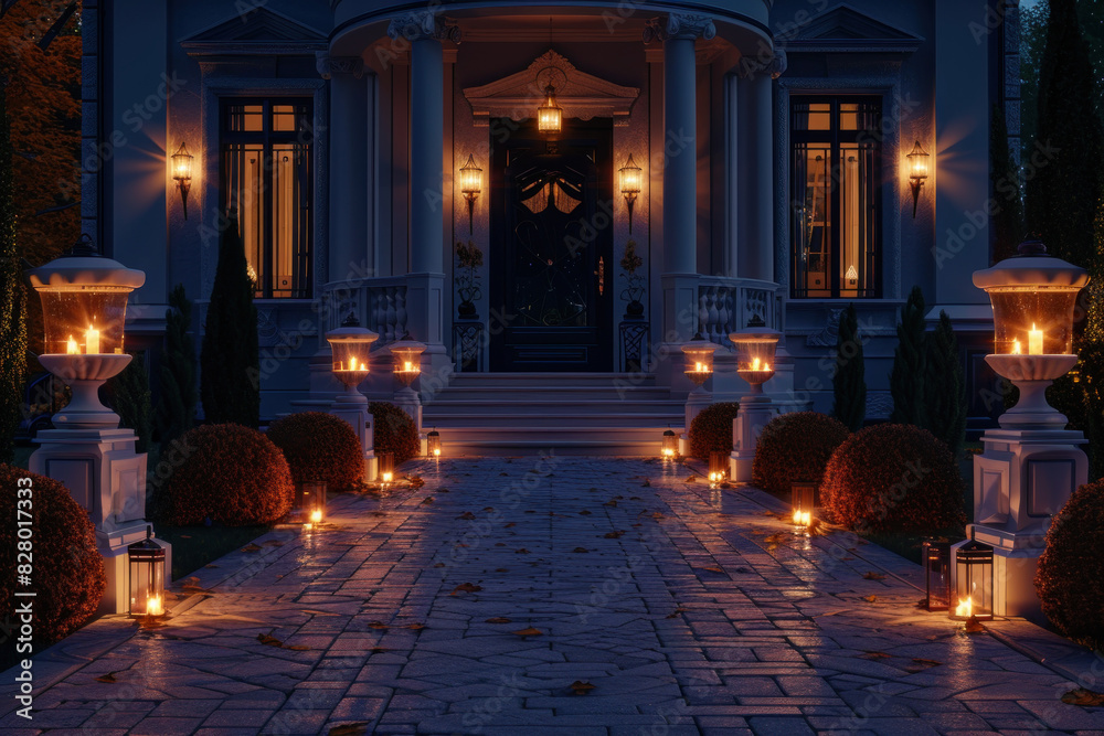  Majestic mansion entryway lit by candles on both sides, offering a mysterious yet inviting Halloween vibe.