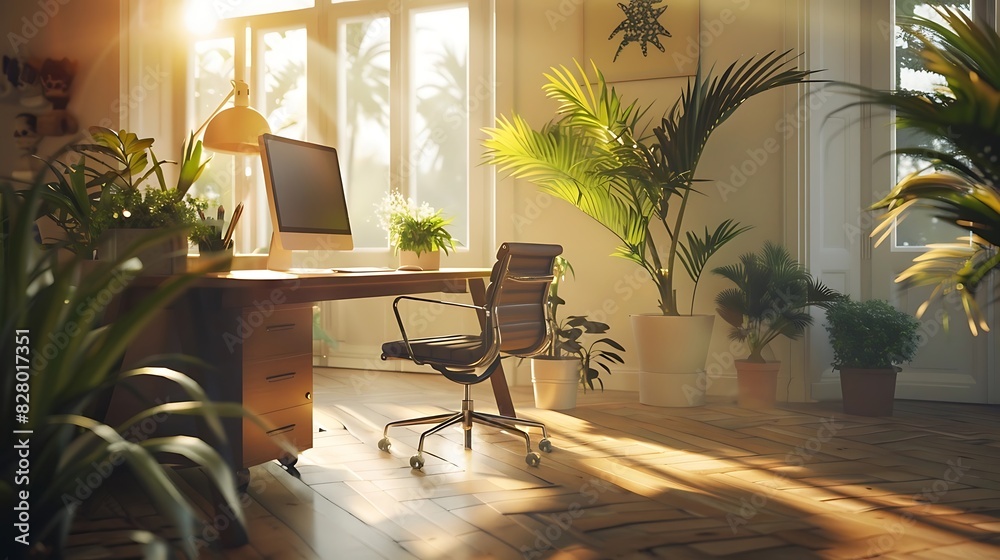 Fototapeta premium Spacious home office bathed in natural sunlight