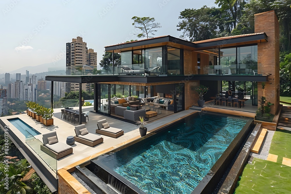 Fototapeta premium Luxury modern hillside villa with pool and city view