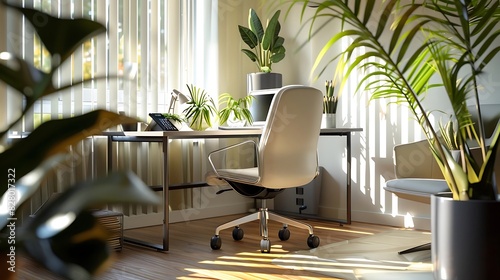 Spacious home office bathed in natural sunlight photo