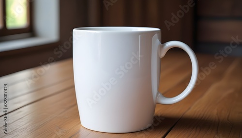 A white ceramic mug mock up on a wooden table 