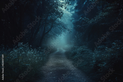 Moonlit foggy path through a mystical forest  inviting a chilling walk into the unknown.