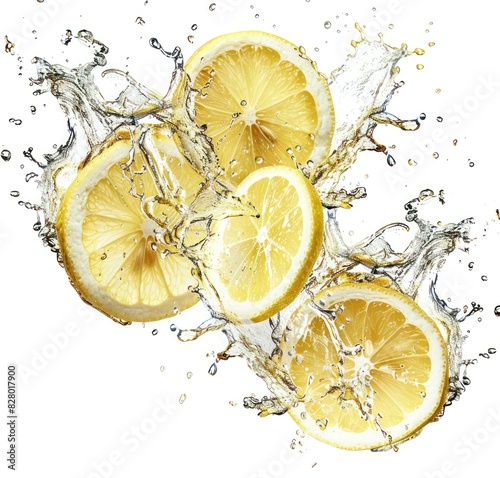 Spiral of lemon slices with a vibrant splash of juice, isolated on a white background