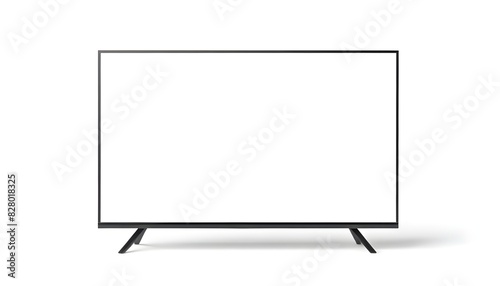 A modern flat-screen television mockup with a sleek black frame and stand, placed on a plain white background