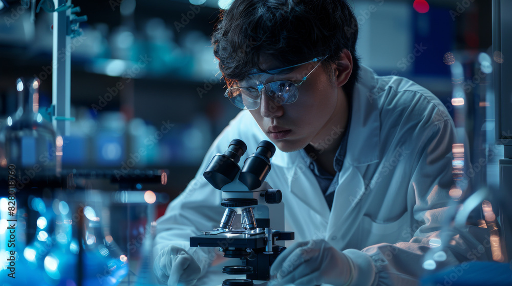 A young Asian male scientist intensely focused while using a microscope in a modern laboratory. A young Asian male scientist intensely focused while using a microscope in a modern laboratory.