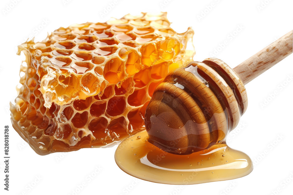 A honeycomb with a wooden spoon on top of it on A Transparent Background. A honeycomb with a wooden spoon on top of it on A Transparent Background.