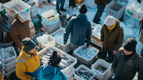 港での魚のセリ 市場
