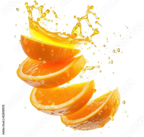 Orange slices in a spiral with a splash of juice, isolated on white background