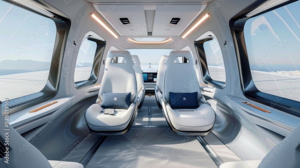 The spacious and sleek interior of the eVTOL providing a comfortable and luxurious travel experience. The spacious and sleek interior of the eVTOL providing a comfortable and luxurious travel experience.
