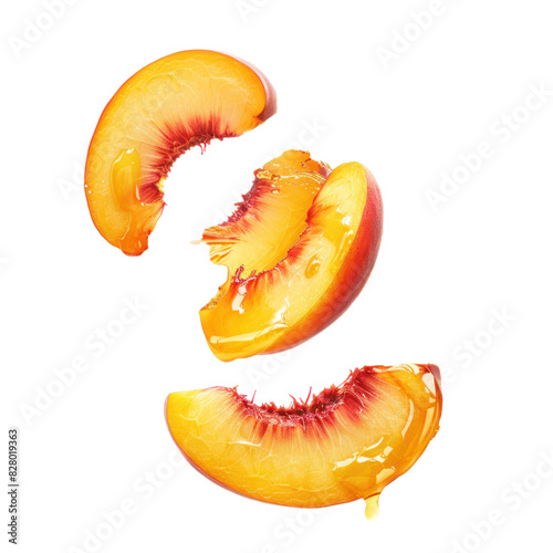 Isolated spiral of peach slices with a dynamic splash of juice, on white background