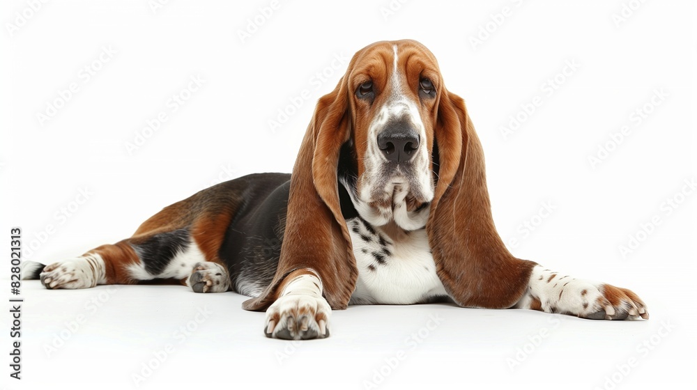 Basset hound lying down with long ears spread out, centered on solid white background