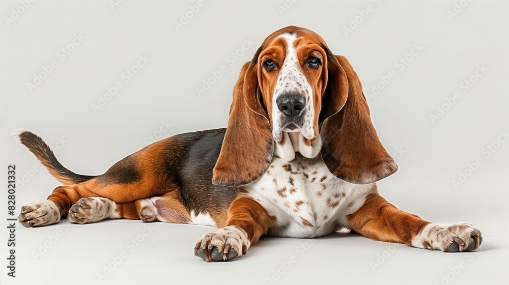 Basset hound lying down with long ears spread out, centered on solid white background Basset hound lying down with long ears spread out, centered on solid white background