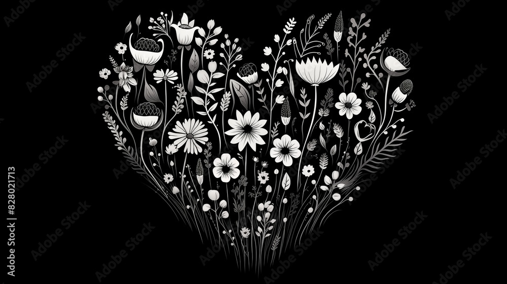 Fototapeta premium Intricate Black and White Heart-Shaped Floral Illustration with Flowers and Leaves