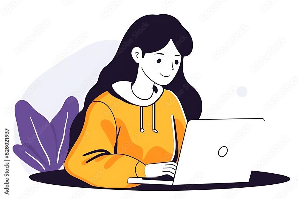 Woman working on a laptop under a desk lamp, work form home office concept. Flat vector illustration Woman working on a laptop under a desk lamp, work form home office concept. Flat vector illustration
