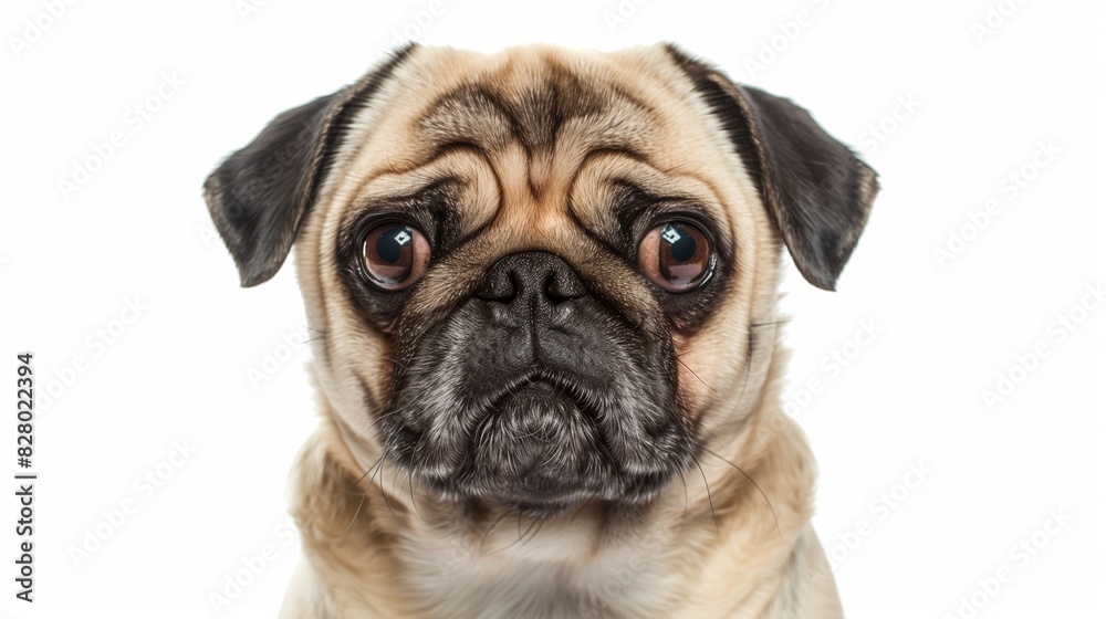 Pug with wrinkled face, isolated on solid white background Pug with wrinkled face, isolated on solid white background