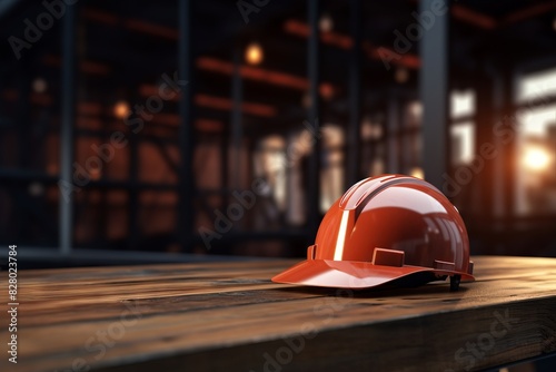 Safety helmet on a table in a construction site. Engineering and construction concept.