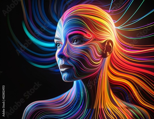  Woman's face formed from lines of colorful glowing neon lights. Splashing colorful paints in.