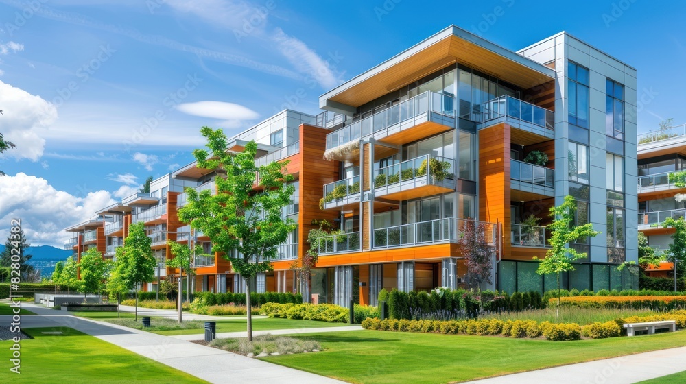 A large apartment building with a green courtyard and a view of the mountains A large apartment building with a green courtyard and a view of the mountains