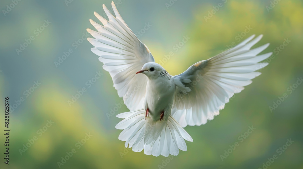 Fototapeta premium Elegant white dove in flight, wings fully spread against a blurred green nature background.