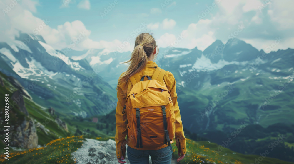 Young woman in yellow jacket gazing at majestic mountain landscape from a scenic overlook.