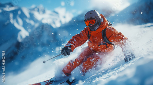 Professional Skier in Orange Suit Flying Down Mountain with Snowflakes