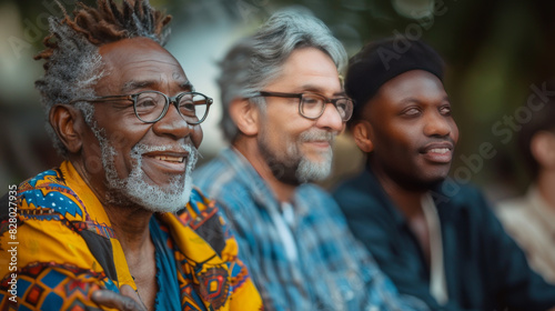 Three multigenerational men of diverse backgrounds sharing a laugh outdoors. © khonkangrua