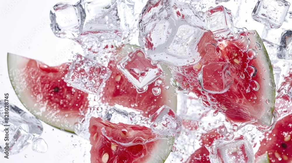 Sparkling water with watermelon slices and ice cubes, cool and invigorating beverage Sparkling water with watermelon slices and ice cubes, cool and invigorating beverage