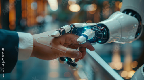 A symbolic interaction showing a human hand clasping a robotic hand, highlighting technology integration and human-robot collaboration.