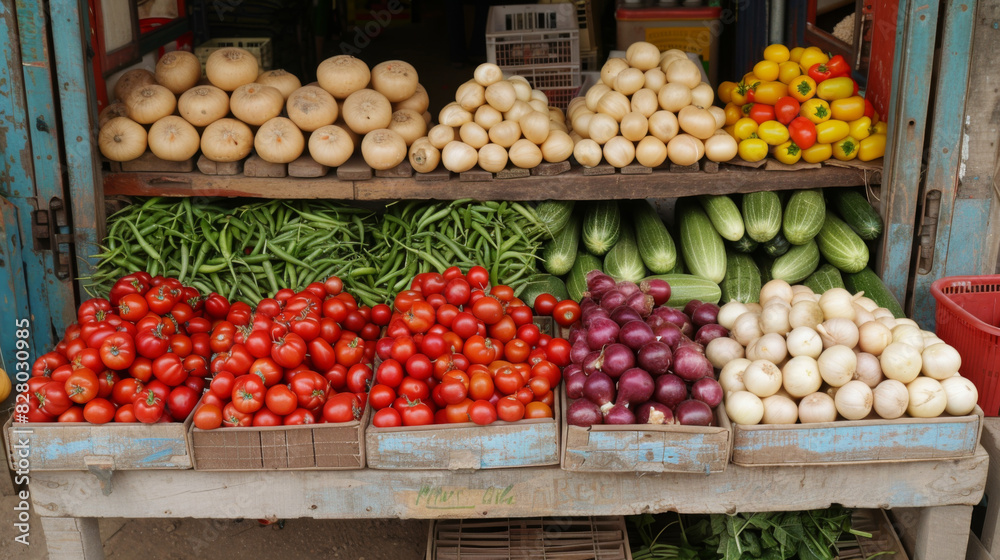 A vibrant street market stall displaying an assortment of fresh vegetables like tomatoes, onions, and greens.