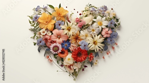Heart-Shaped Arrangement of Various Colorful Flowers on a White Background