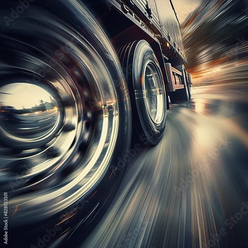 Close-up of the moving wheels of an articulated truck driving on a road. The truck's wheels spin rapidly, the asphalt under a whirlwind of motion, capturing the raw power