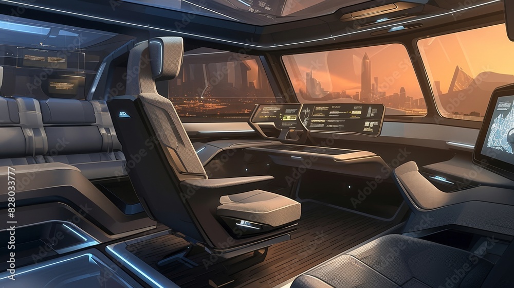 A closeup of an eVTOLs sleek interior reveals comfortable seating and stateoftheart touch screens providing a luxurious and convenient travel experience. A closeup of an eVTOLs sleek interior reveals comfortable seating and stateoftheart touch screens providing a luxurious and convenient travel experience.