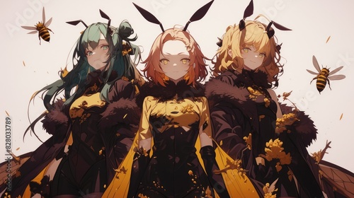 The illustration features a group of girls dressed up in bee costumes photo
