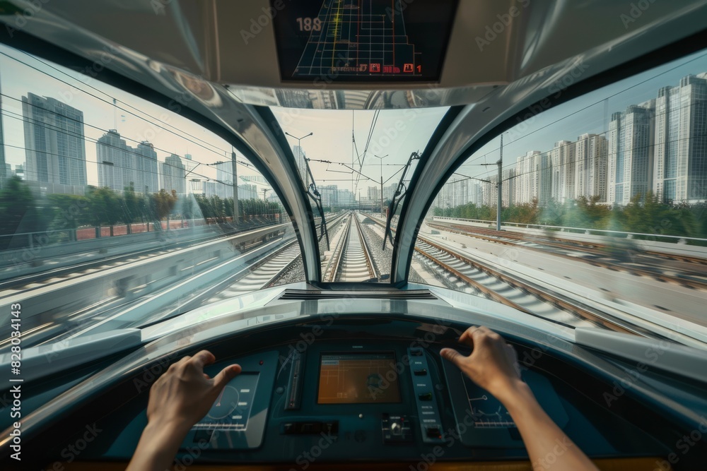 Advanced Train Control Room with Panoramic Urban Views and Cutting Edge Technology Advanced Train Control Room with Panoramic Urban Views and Cutting Edge Technology