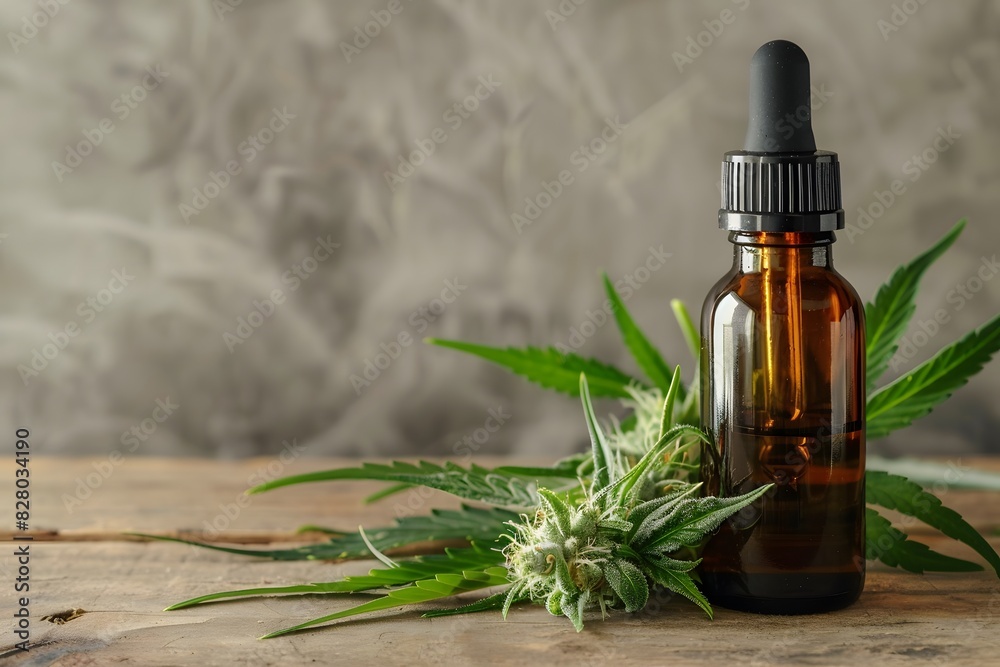 Cannabis herb and leaves with oil extracts in jars. medical concept Cannabis herb and leaves with oil extracts in jars. medical concept