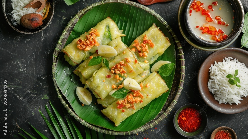 A plate of food with a green leaf on top A plate of food with a green leaf on top