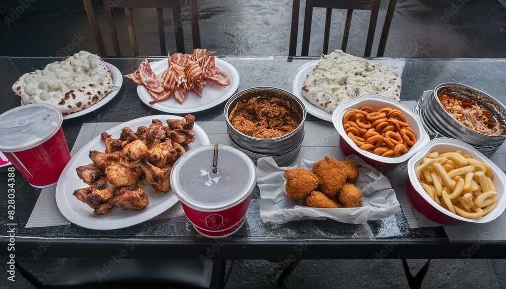  large table of assorted take out food such as pizza, french fries, onion rings, fried chicken,