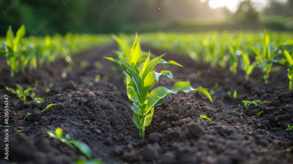 Rows of young corn plants thriving in a rich, fertile soil illuminated by sunrise. Rows of young corn plants thriving in a rich, fertile soil illuminated by sunrise.