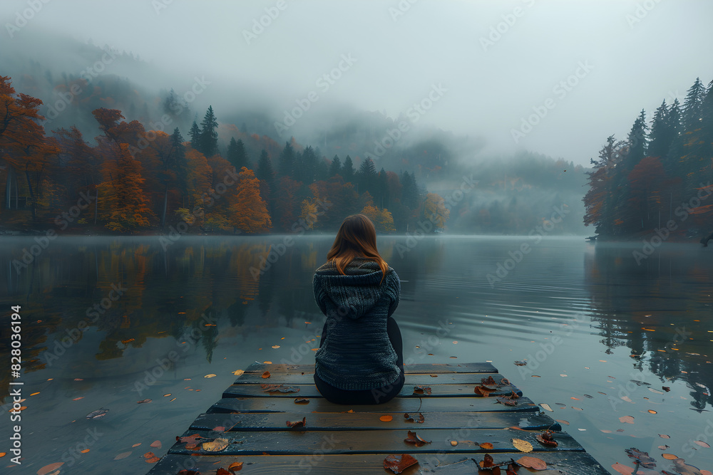 Lonely girl sits on jetty by foggy mystic lake in autumn, conveying a sense of solitude and peaceful contemplation. It could be used for nature or lifestyle-related content. Lonely girl sits on jetty by foggy mystic lake in autumn, conveying a sense of solitude and peaceful contemplation. It could be used for nature or lifestyle-related content.
