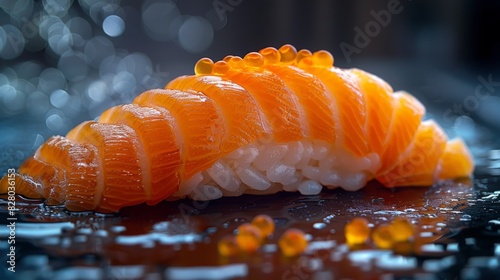 Extreme close-up of a piece of salmon nigiri with detailed texture on the salmon and rice on a black background. The colors are vivid and sharp. High quality. Photorealism. Hyperrealism. canon EOS