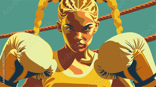 Determined Female Boxer with Braided Hair in the Ring