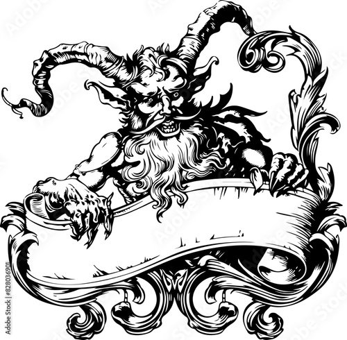 Ornate Demon Illustration with Scroll and Horns
