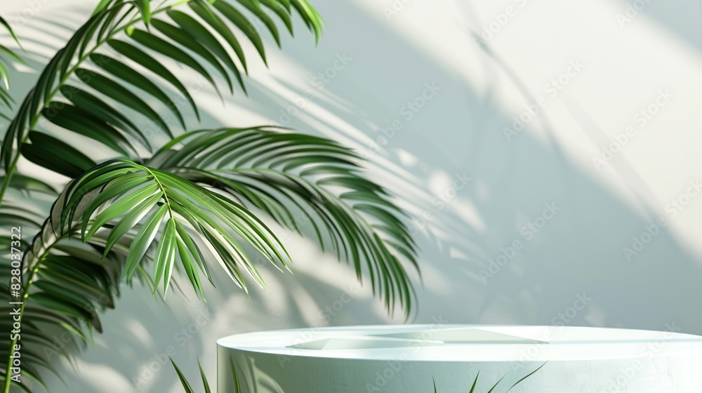 background products display podium scene with palm leaf geometric platform. Generative Ai background products display podium scene with palm leaf geometric platform. Generative Ai