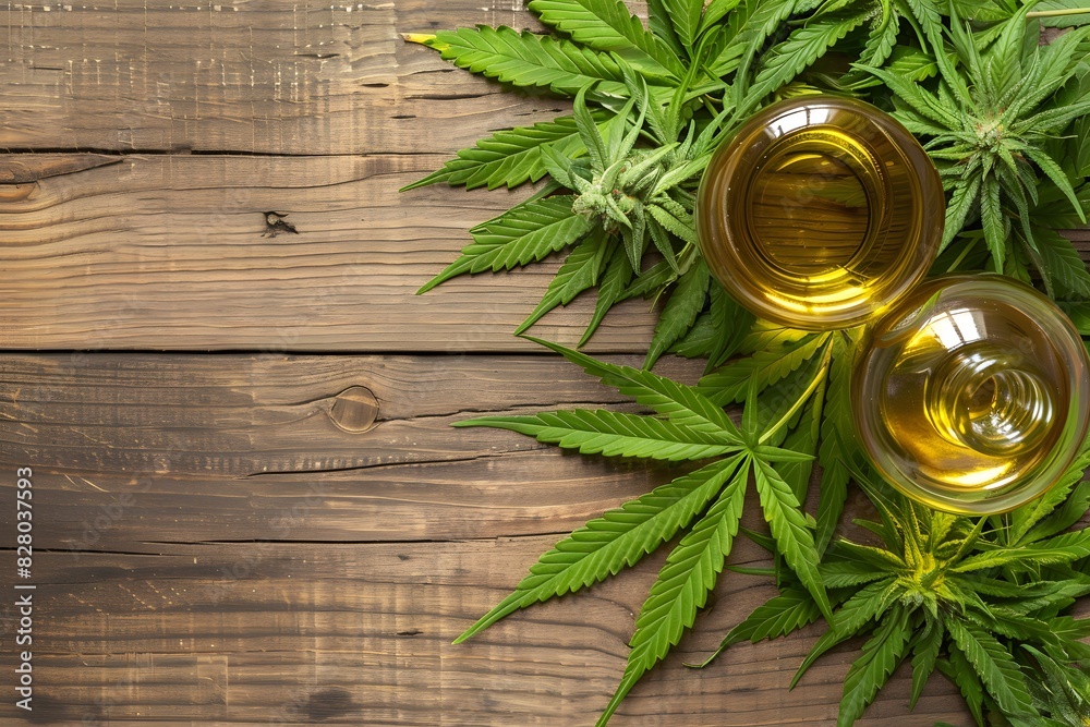 Cannabis herb and leaves with oil extracts in jars. medical concept Cannabis herb and leaves with oil extracts in jars. medical concept