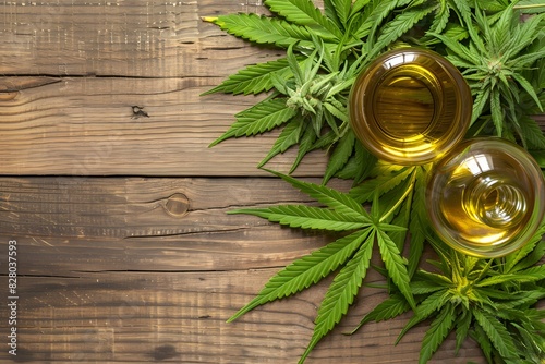 Cannabis herb and leaves with oil extracts in jars. medical concept