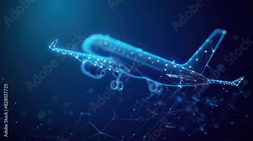 Abstract low poly airplane flying on dark blue background