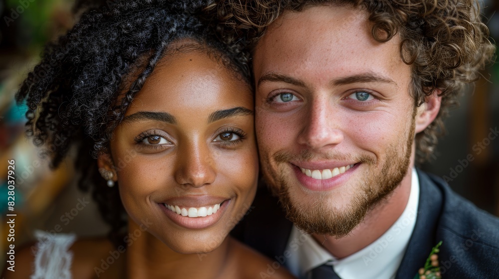 A close-up of a happy couple, smiling warmly at the camera, showcasing the joy and love on their wedding day with beautiful natural lighting A close-up of a happy couple, smiling warmly at the camera, showcasing the joy and love on their wedding day with beautiful natural lighting