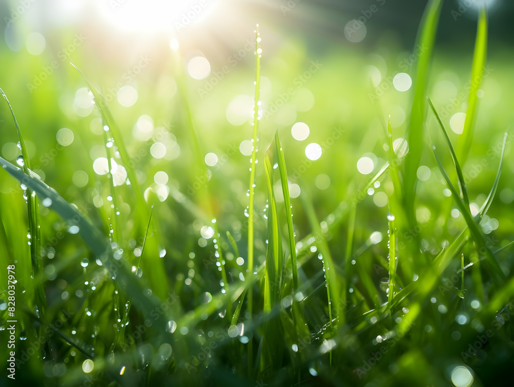 Fototapeta premium Juicy lush green grass on meadow with drops of water dew in morning light in spring summer outdoors close-up macro, panorama. Beautiful artistic image of purity and freshness of nature, copy space.
