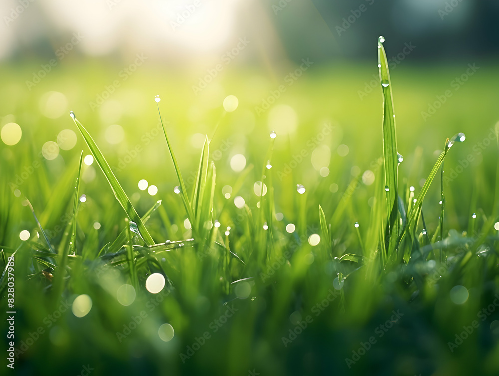 Fototapeta premium Juicy lush green grass on meadow with drops of water dew in morning light in spring summer outdoors close-up macro, panorama. Beautiful artistic image of purity and freshness of nature, copy space.