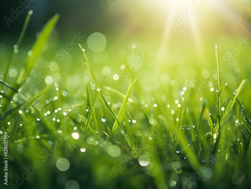 Juicy lush green grass on meadow with drops of water dew in morning light in spring summer outdoors close-up macro  panorama. Beautiful artistic image of purity and freshness of nature  copy space.